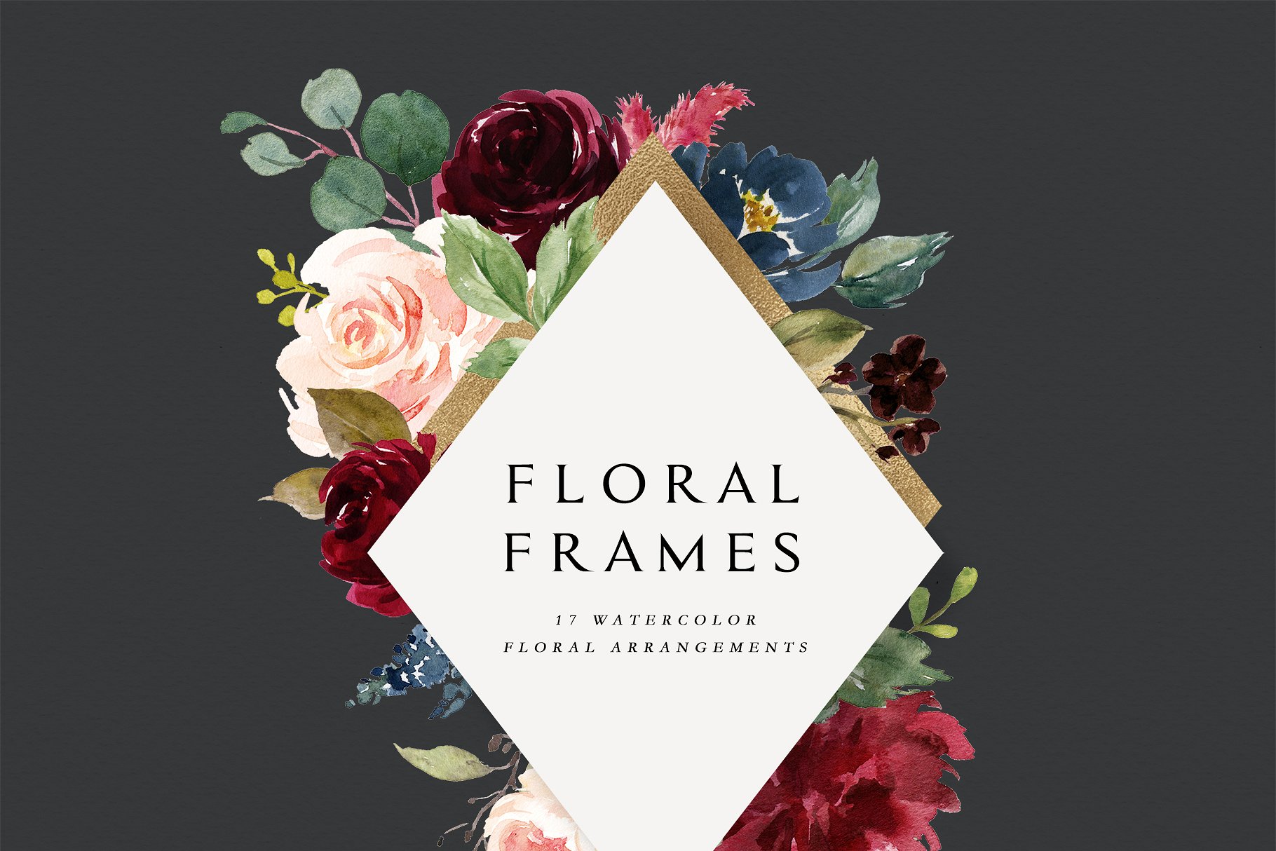 极力推荐：水彩花卉素材 Burgundy&Navy Floral Graphic Set [1.63GB]插图(4)