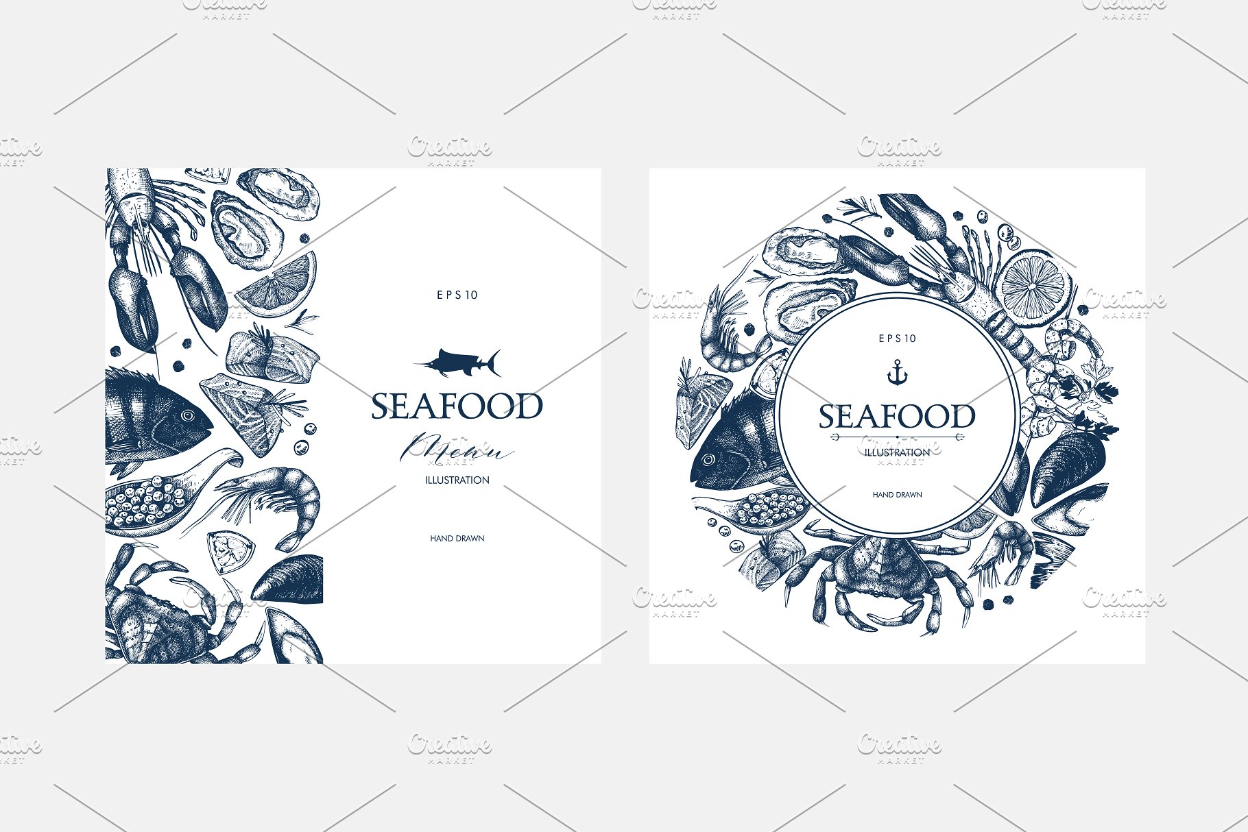 传统海鲜插图和菜单矢量设计 Vector Seafood Menu Design插图(3)