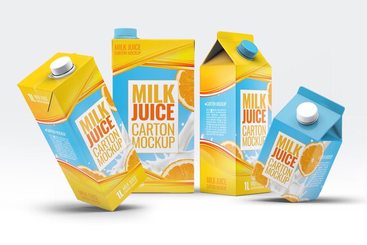 4种牛奶/果汁盒包装设计样机套装 4 Types Milk / Juice Cartons Bundle Mock-Up插图