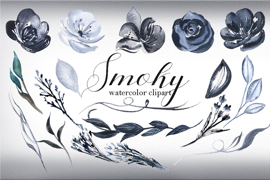 烟熏黑灰色水彩插花艺术图案 Smoky Black grey watercolors flowers插图(1)