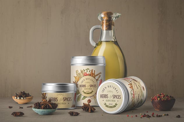 橄榄油瓶和香料包装样机模板 Oil Bottle and Spices Packaging Mockup插图(3)