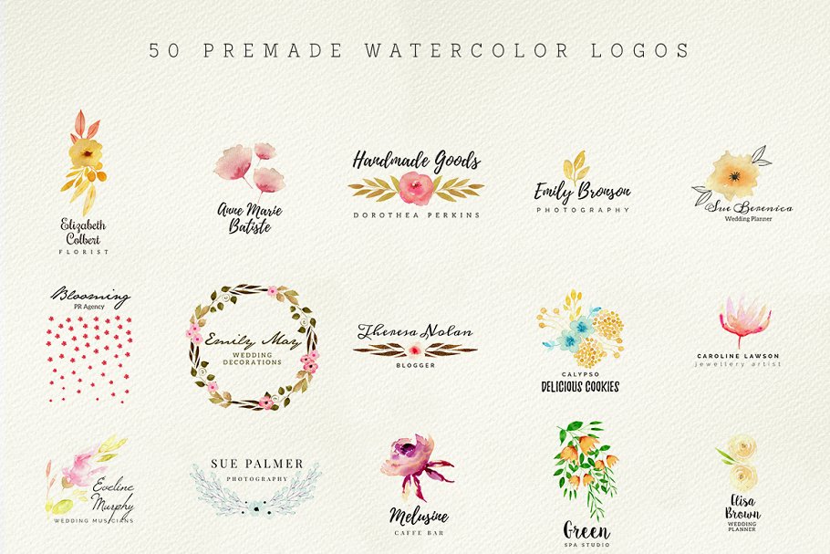 50枚预设水彩风格Logo模板 50 Premade Watercolor Logos插图(4)