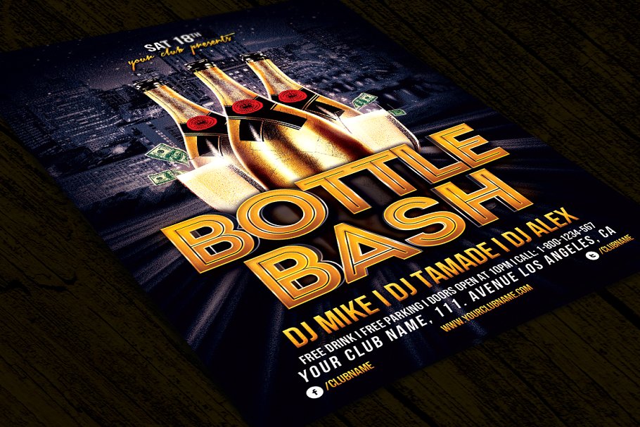 香槟DJ音乐派对宣传单制作素材 Bottle Bash Flyer Template插图(1)