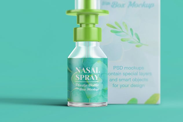 滴鼻瓶外观及包装设计样机模板 Nasal Spray Clear Bottle With Box Mockup插图(5)