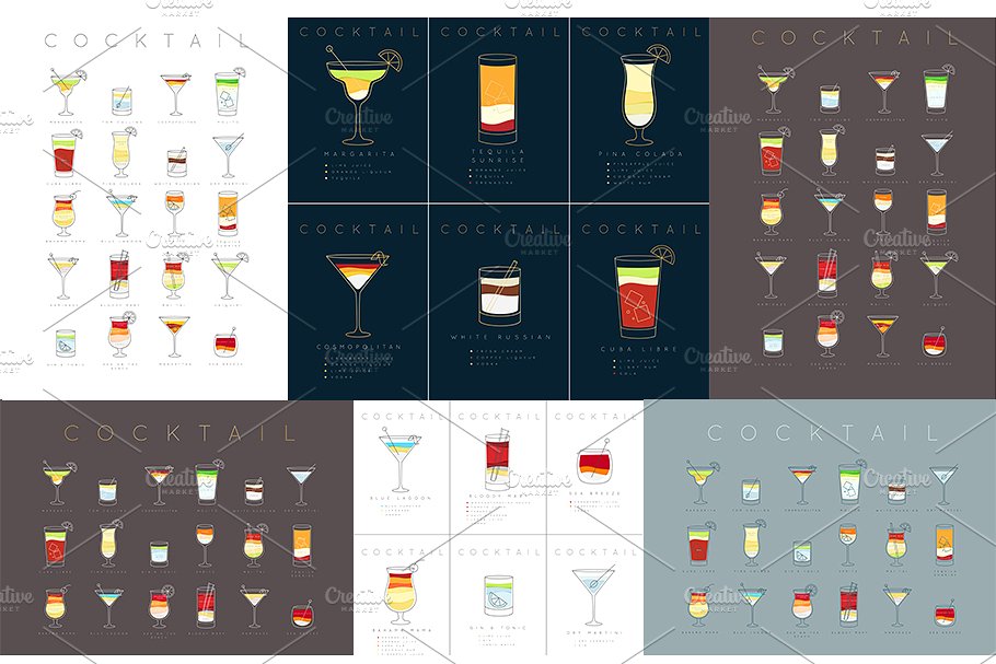 鸡尾酒会扁平风格海报模板 Cocktails Flat Posters插图(4)