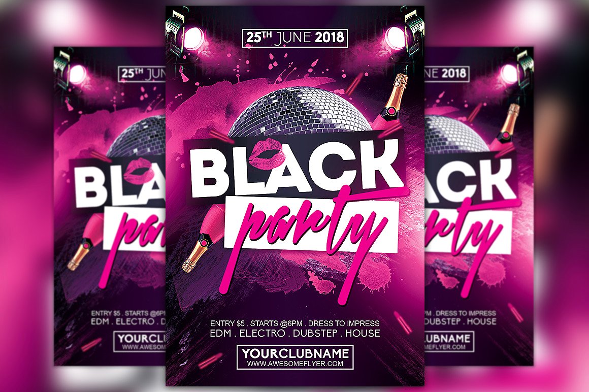 夜店俱乐部推广传单模板 Black Party Night Flyer Template插图