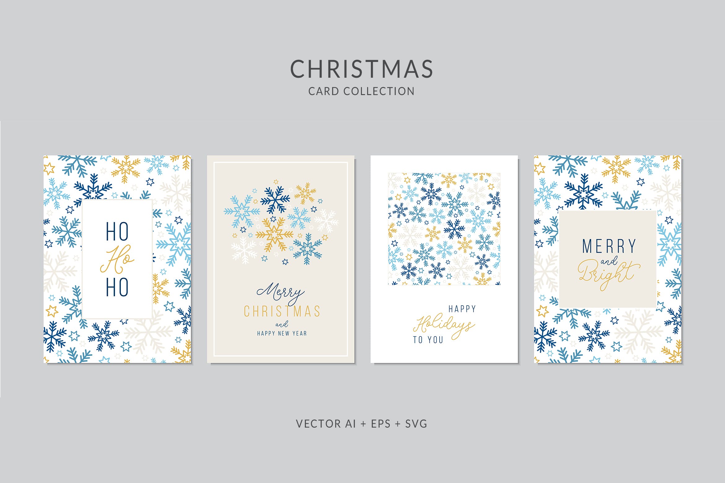 彩色雪花图案背景圣诞节贺卡矢量设计模板 Christmas Greeting Card Vector Set插图
