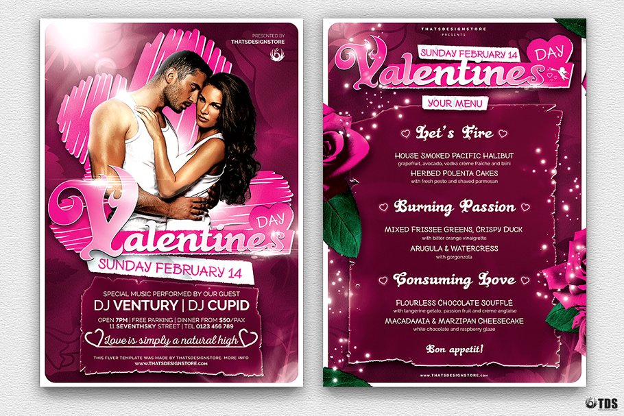 情人节主题传单PSD模板v7 Valentines Day Flyer+Menu PSD V7插图(1)
