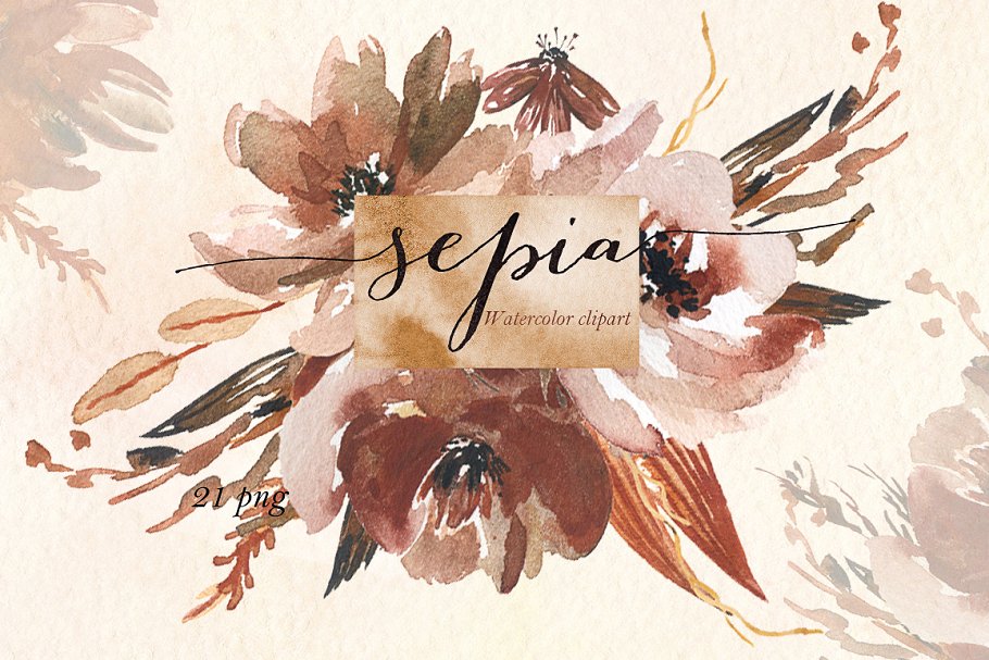 深暖色调棕色奶油粉艺术花卉插图 Sepia flowers. Watercolor clipart插图(2)
