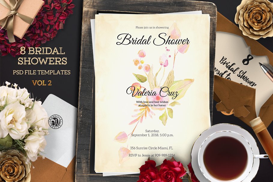 创意花卉元素单页面便签信纸模板 Bridal Shower Pack 2插图