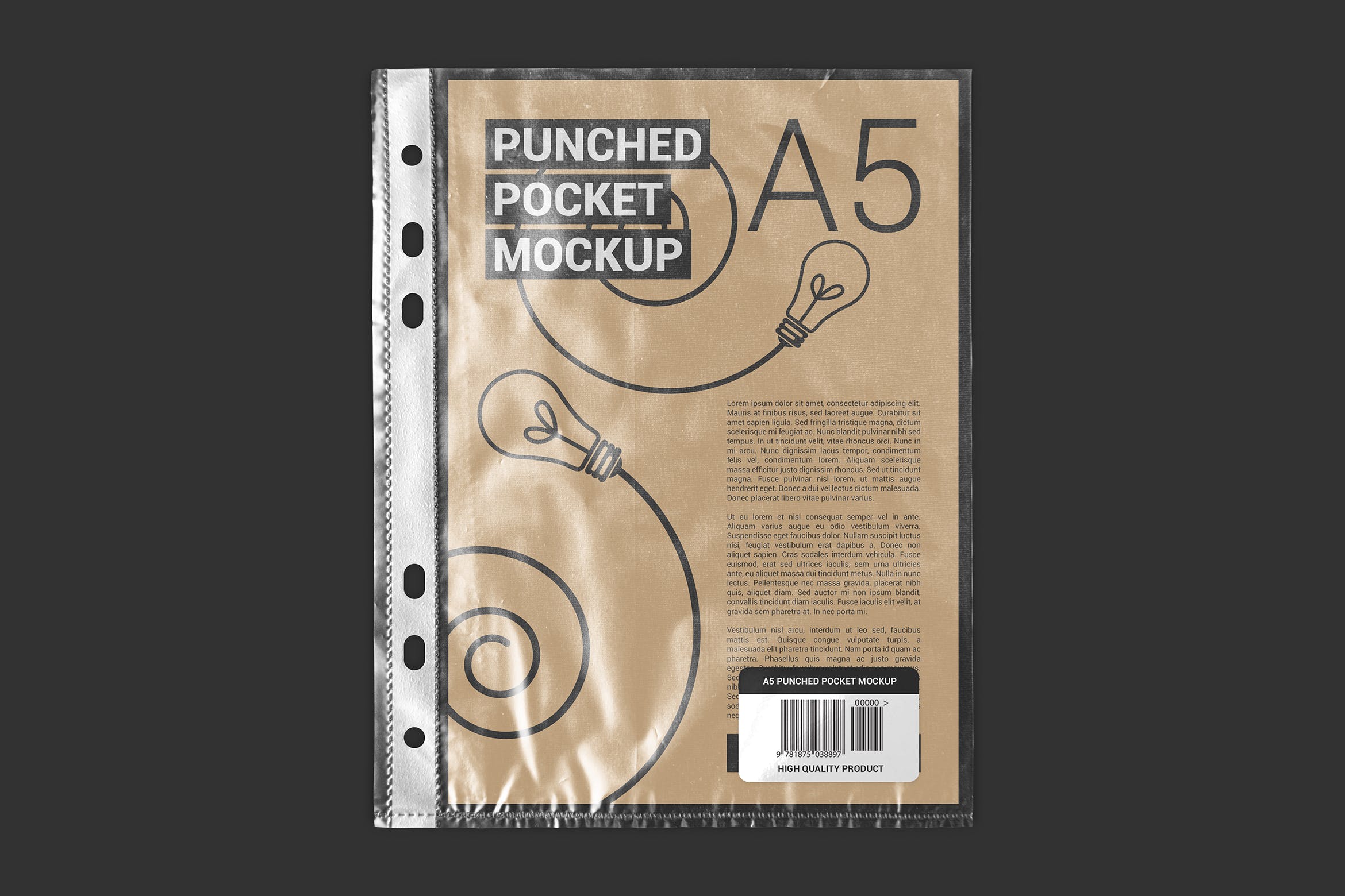 文件纸张穿孔塑料袋设计效果图样机模板 Punched Pocket For A5 Paper Size Mockup插图