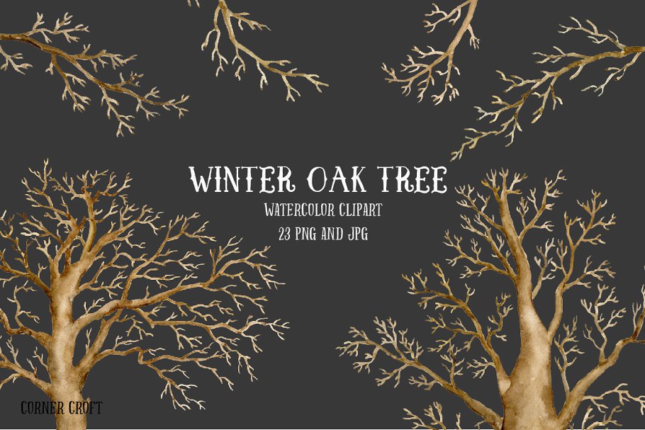 手绘水彩艺术栎树剪贴画 Watercolor Winter Oak Trees插图
