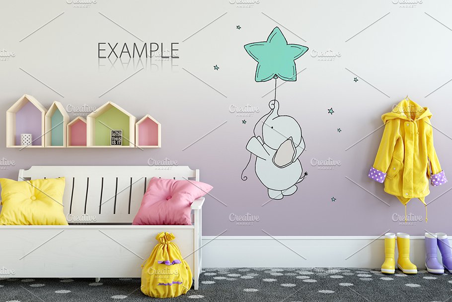 儿童主题卧室墙纸设计&相框样机 Interior KIDS WALL & FRAMES Mockup 2插图(25)