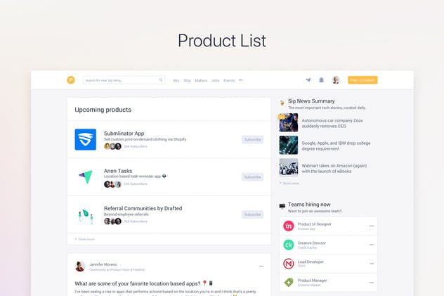 类ProductHunt购物社交网站设计模板 Clone UI Kit – Product hunter like ProductHunt插图(1)