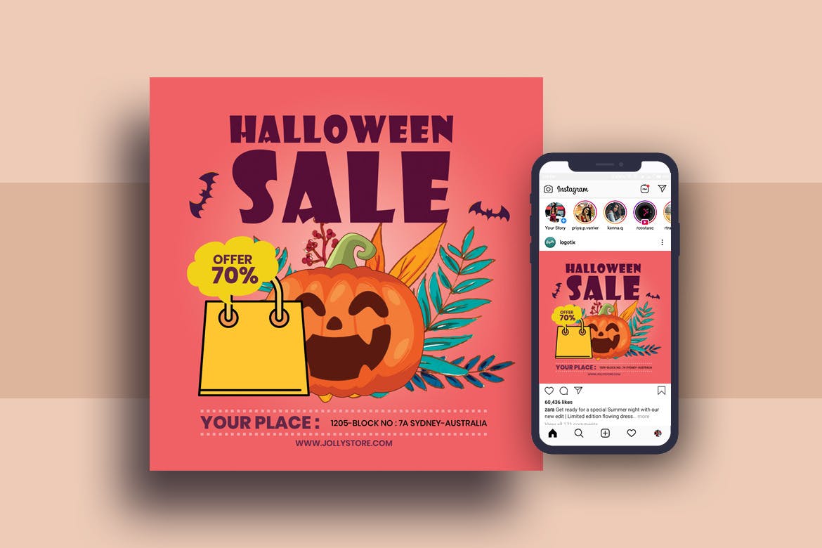 万圣节节日促销海报模板和Instagram推广素材 Halloween Festival Flyer & Instagram Post Design插图(2)