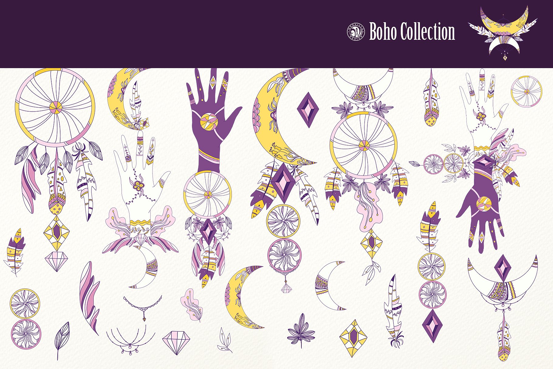 紫色波西米亚风系列水彩插画 Purple Boho Collection插图(5)