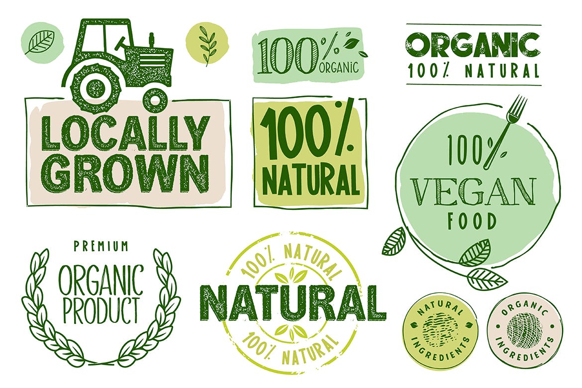 有机食品贴纸和标签设计模板素材 Organic Food Stickers and Labels Collection插图(1)