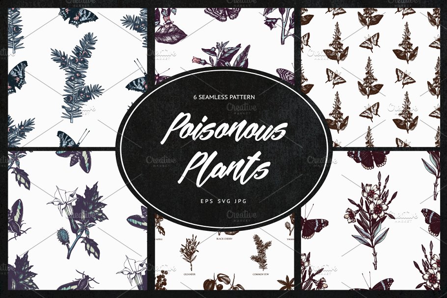 无缝有毒植物蝴蝶图案纹理 Poisonous Plants & Flowers Patterns插图