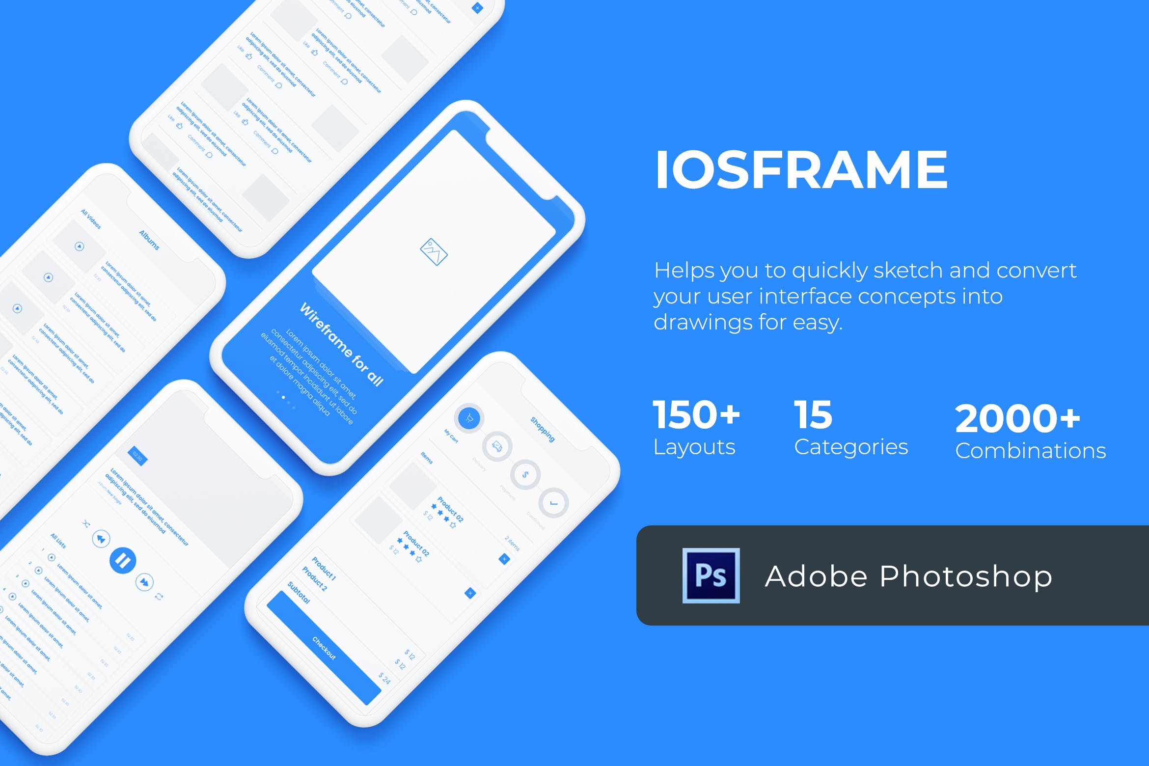 iOS设计规范APP应用UI线框图设计套件PSD模板 iOS Wireframe Mobile UIT KIT – PSD Version插图