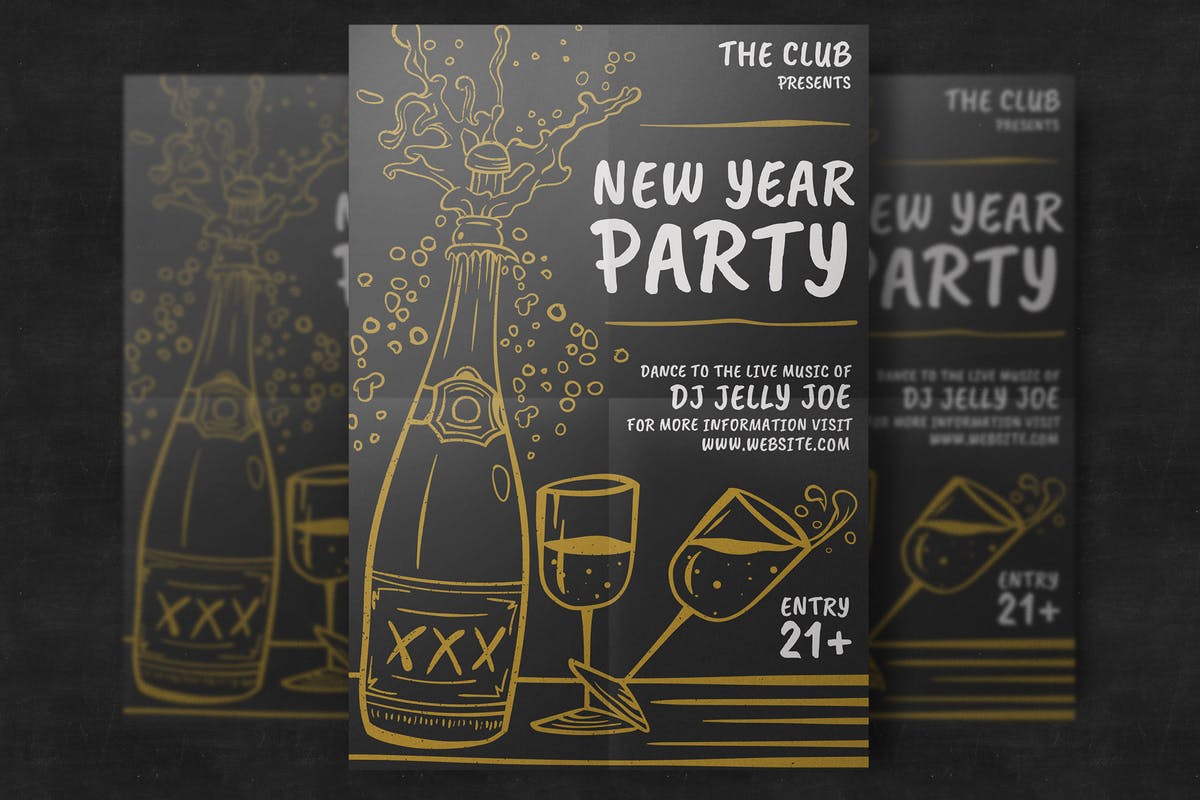 手绘设计风格新年祝酒会海报模板 Hand-Drawn New Year Party Template.插图