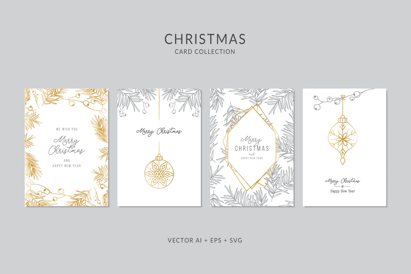 圣诞元素装饰艺术圣诞节贺卡矢量设计模板集v1 Christmas Greeting Card Vector Set插图