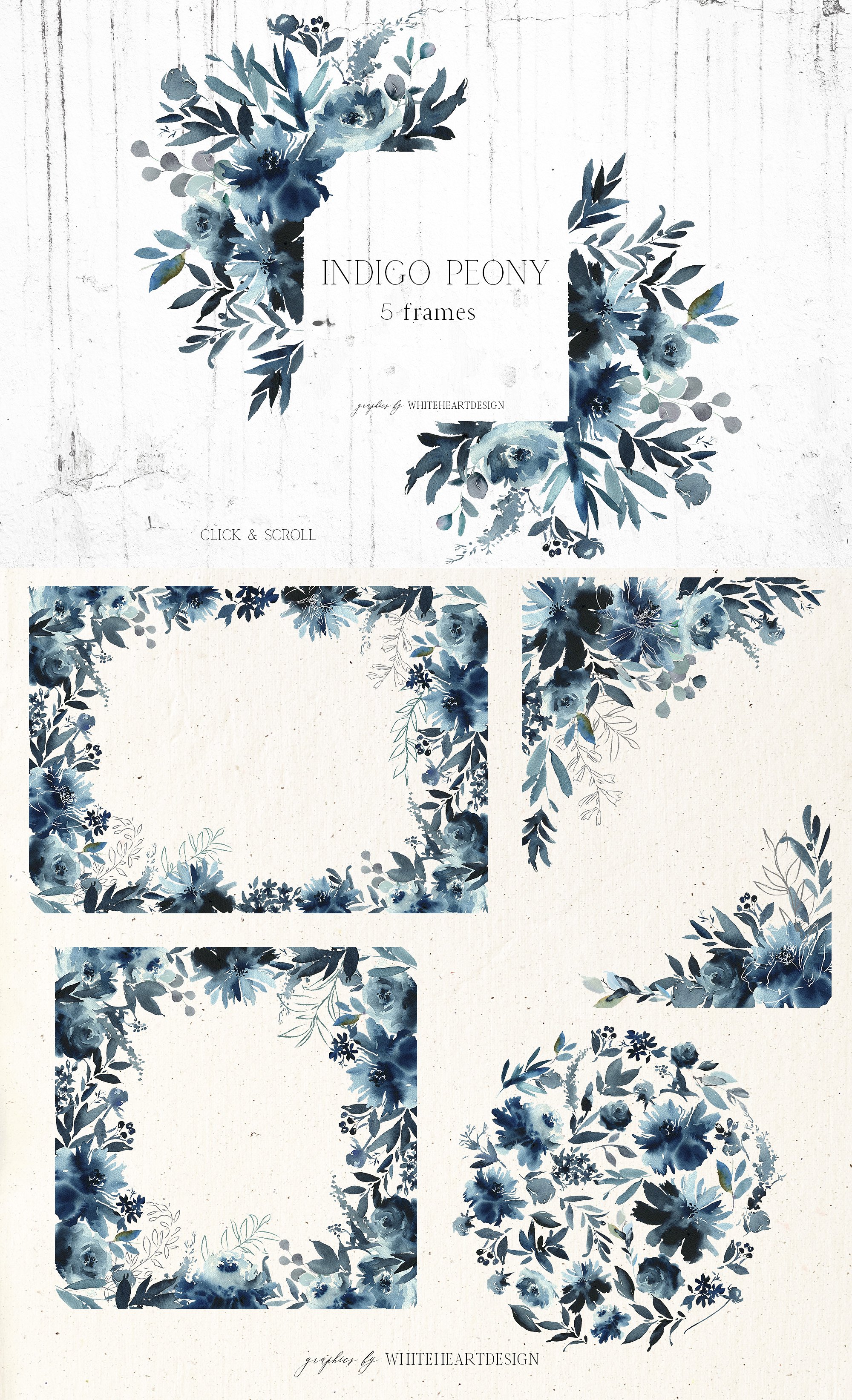 靛蓝牡丹花水彩花卉剪贴画 Indigo Peony Watercolor Floral Set插图(6)