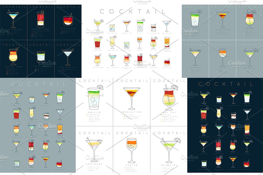 鸡尾酒会扁平风格海报模板 Cocktails Flat Posters插图(5)