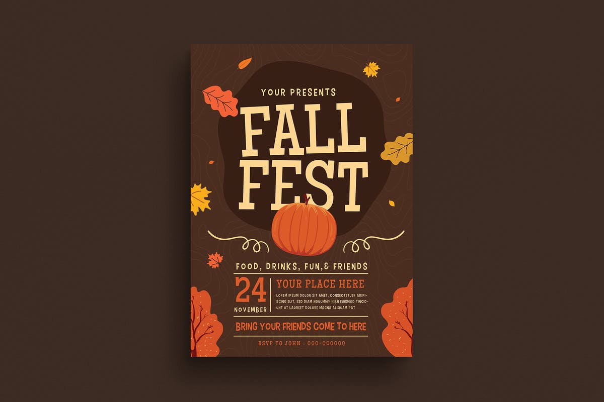 南瓜枫叶秋天主题活动海报传单模板 Fall Festival Flyer插图