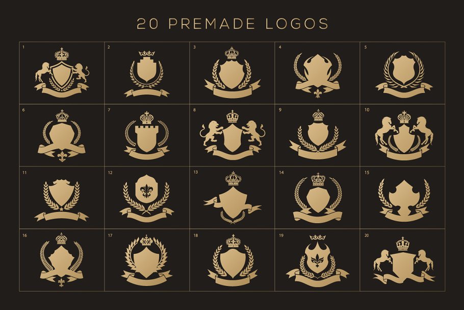 奢侈花边纹章徽标设计组成套件 Heraldic Crest Logos elements set插图(6)