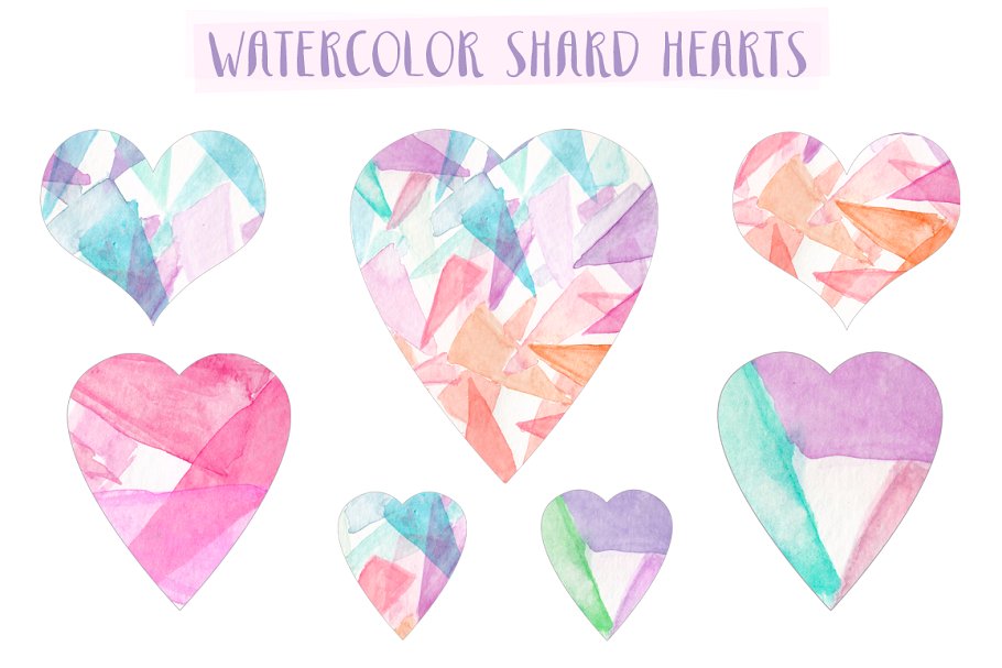 水彩手绘心形透明背景剪贴画 Watercolor Shard Hearts插图