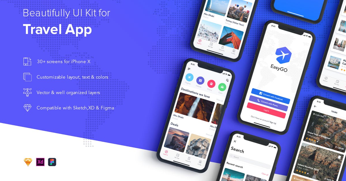 旅行旅游APP界面设计UI套件SKETCH模板 EasyGo – Travel App UI Kit for SKETCH插图