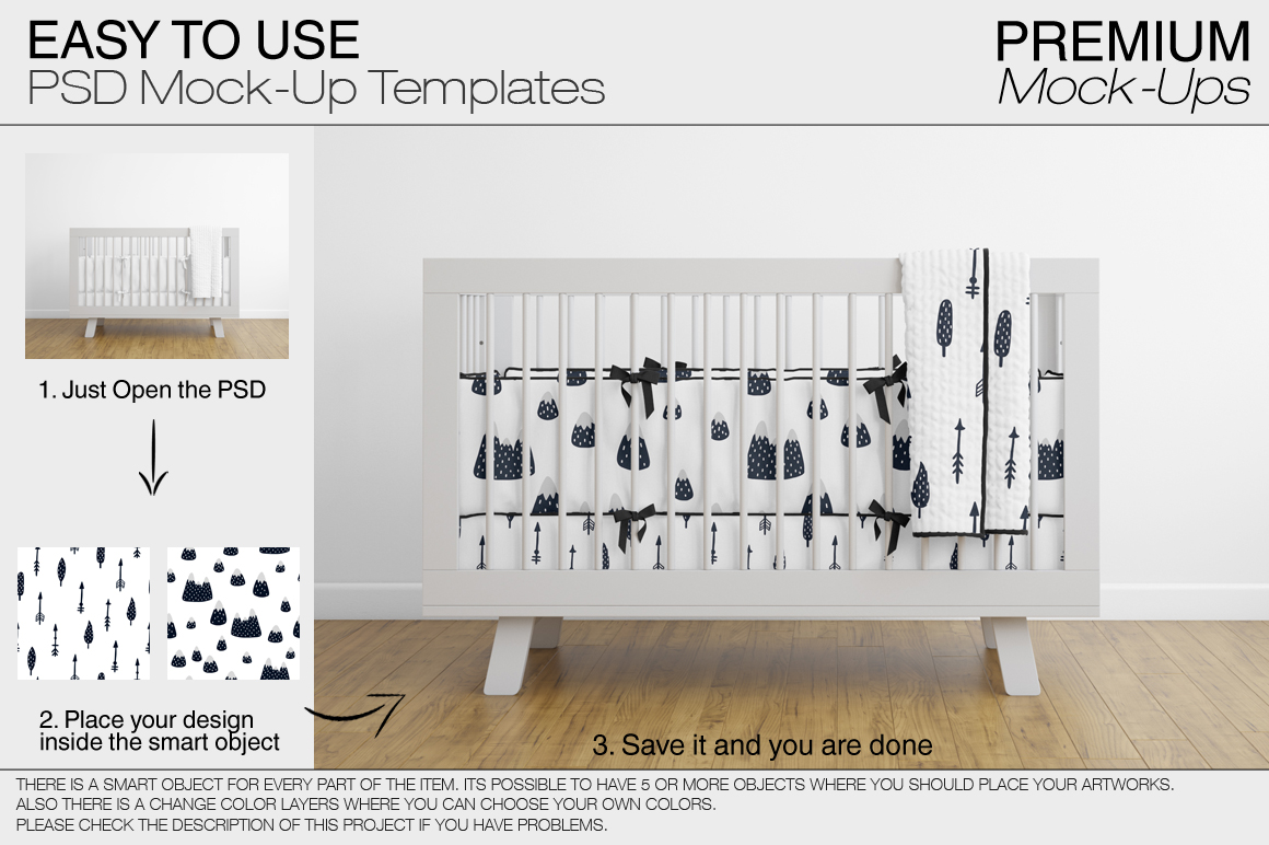 高品质的婴儿床 & 90个相框展示样机下载 Nursery Crib Wall & 90 Frames [psd]插图(2)