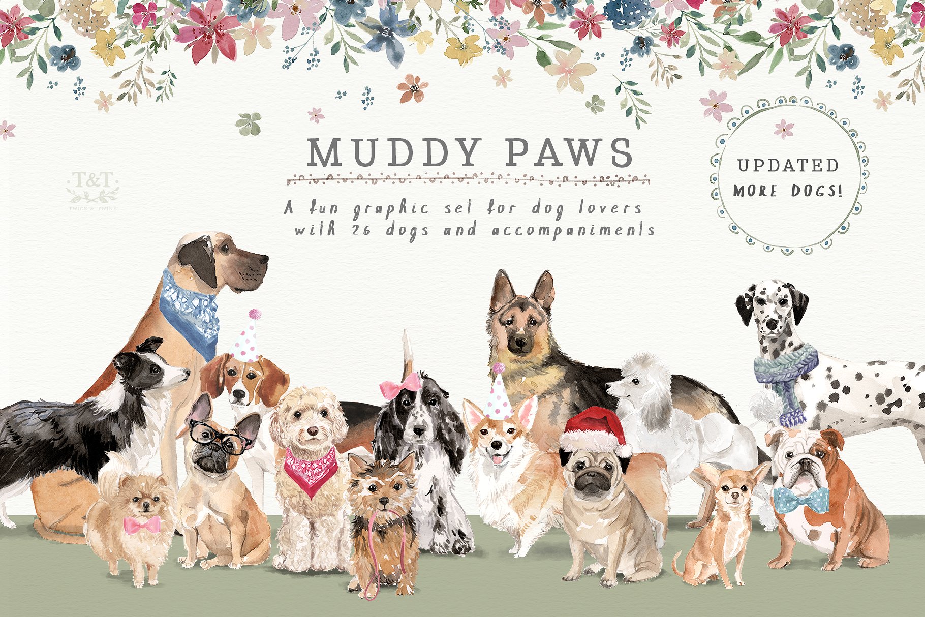 水彩手绘小狗素材集 Dog Graphic Set – Muddy Paws [1.1GB]插图
