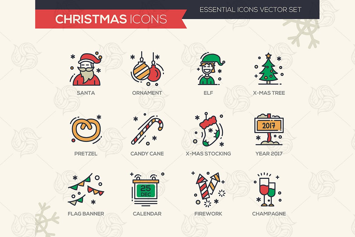 圣诞节&新年主题线性图标素材 Christmas and New Year – Line Design Icons Set插图(1)