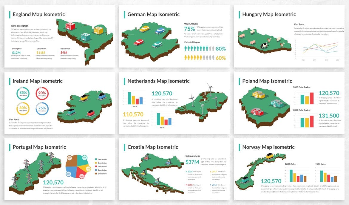 欧洲国家地区地图图形PPT幻灯片设计素材 Europe Maps Isometric & Legends For Powerpoint插图(2)