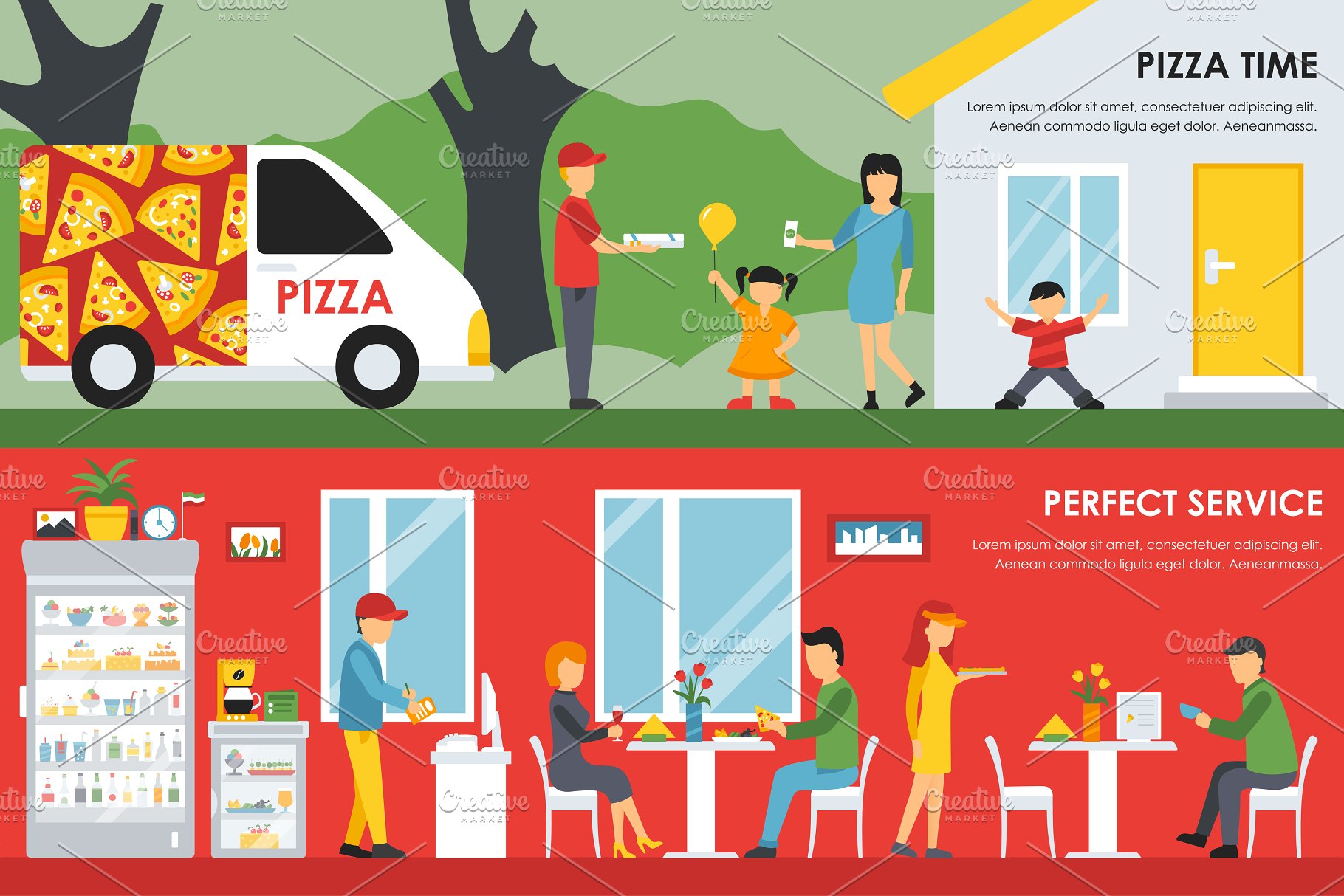 外卖&披萨餐厅内部展示服务概念平面插图 Pizzeria Flat Interiors 9 sets插图(8)