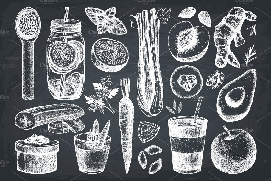 复古风格健康食品及饮料成分插画 Vegetarian Food Ingredients Set插图(1)