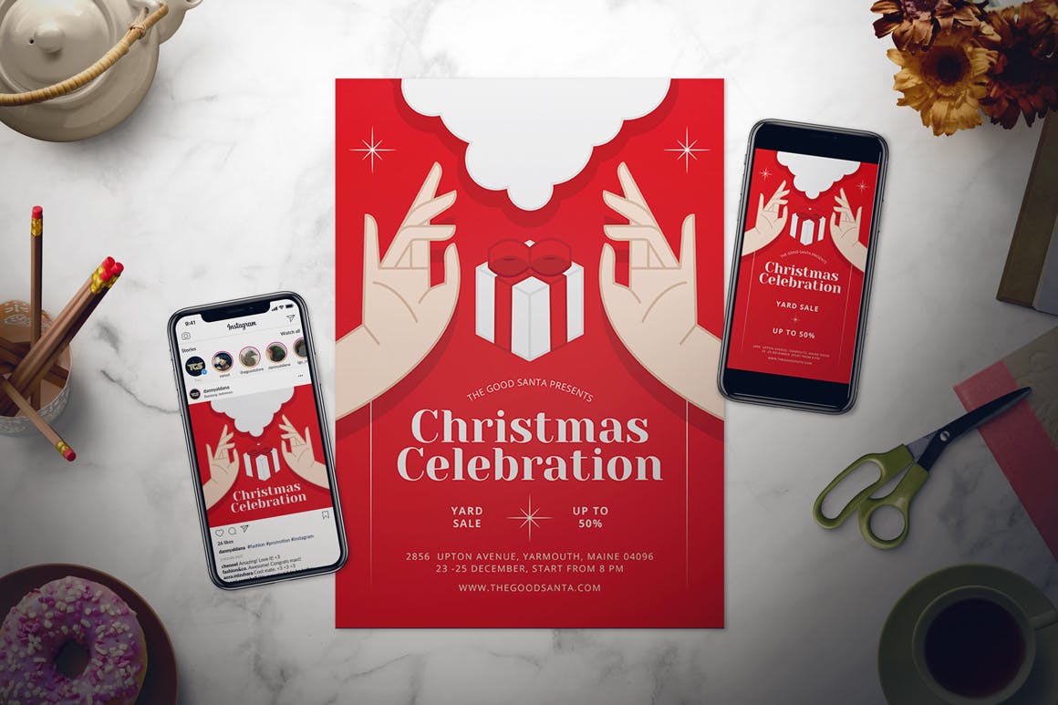 大红色圣诞节年终促销活动海报传单设计模板 Christmas Flyer Set插图(1)