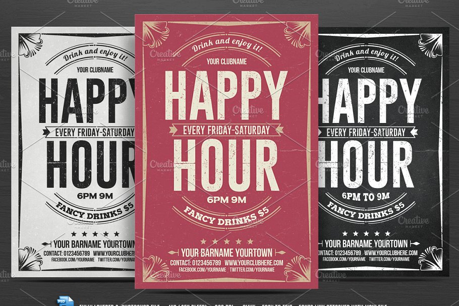 大字报风格海报设计模板 Happy Hour Flyer插图