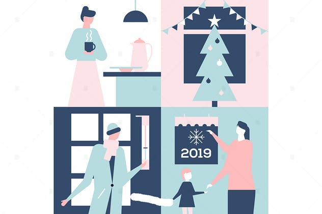 2019年新年扁平化设计风格插画3 Happy New Year – flat design style illustration插图(1)