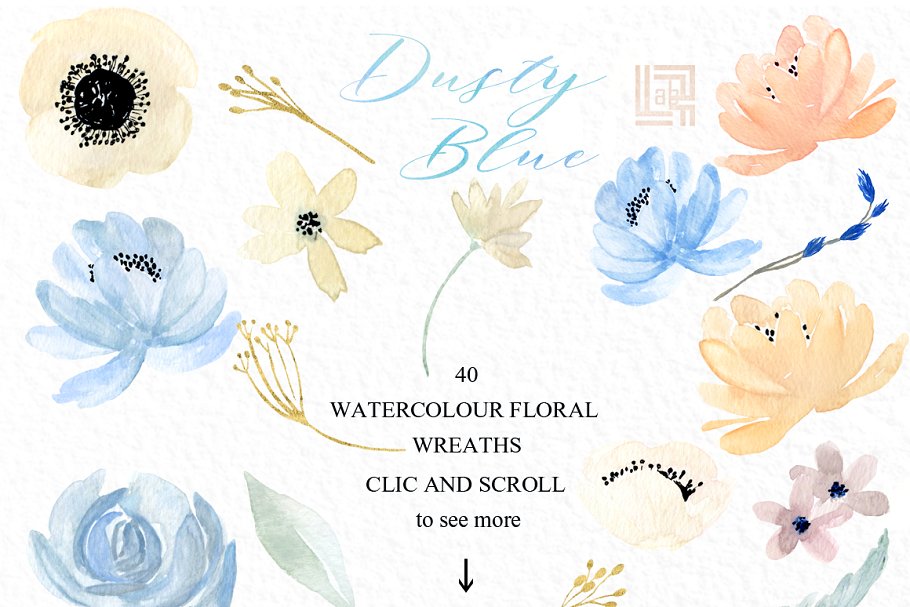 灰蓝色&金色水彩花卉图案 Dusty blue gold. Watercolor floral插图(7)