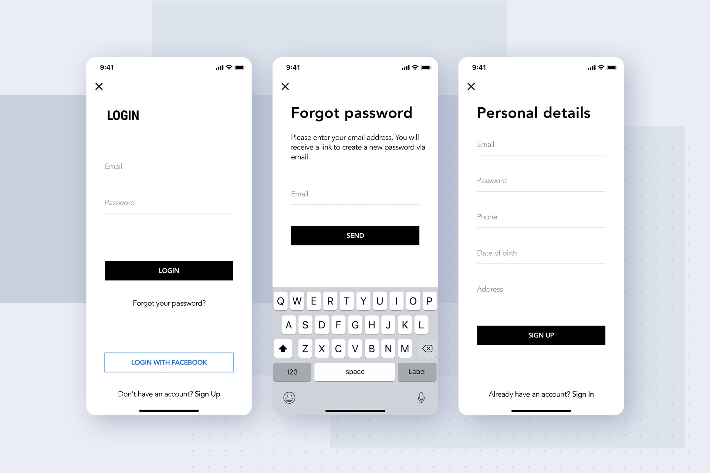 极简设计风格APP应用注册登录界面UI设计模板 Login UX Flow for Mobile App插图