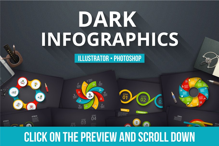 黑色背景信息图表矢量模板 Dark infographics插图(2)