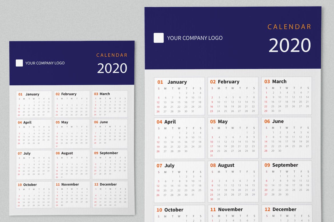 纯色设计2020日历表年历设计模板 Creative Calendar Pro 2020插图(2)