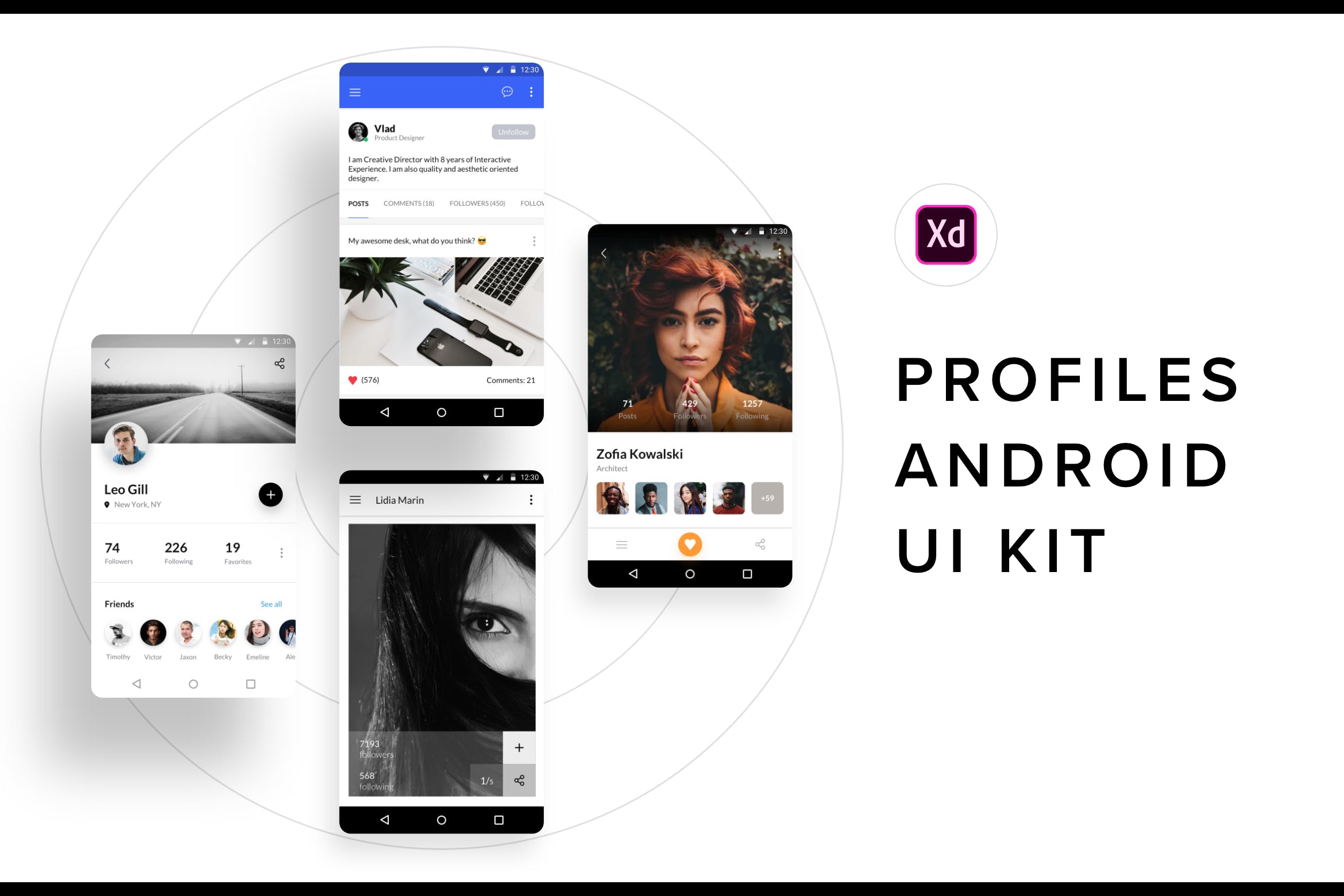 安卓手机APP应用用户中心界面UI设计XD模板 Profiles Android UI Kit (Adobe XD)插图