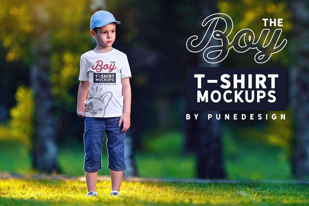 男童T恤胸前印花图案设计预览样机模板v2 Boy T-Shirt Mock-Up Set 2插图