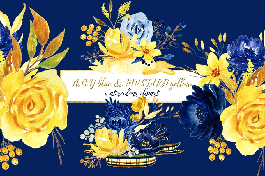 海军蓝&芥末黄水彩花卉插画素材 Navy blue & mustard yellow flowers插图(4)