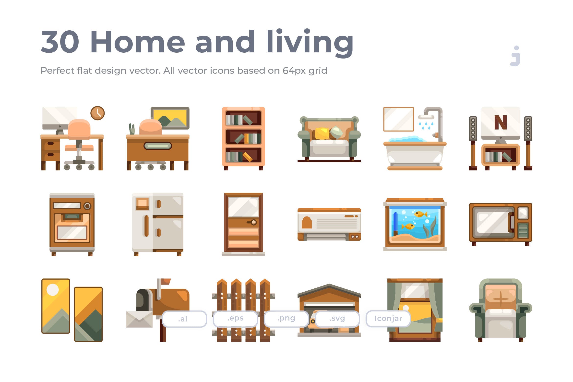 30枚家居生活扁平化设计风格矢量图标 30 Home and living Icons – Flat插图