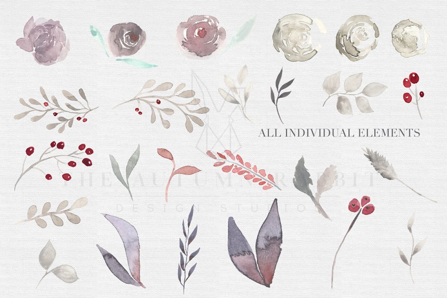 独特的手绘花卉树叶水彩图案 Misty Meadow Floral Clipart Set插图(1)