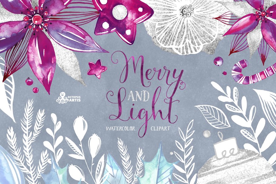 假日手绘水彩花卉剪贴画合集 Merry and Light. Holiday collection插图(1)